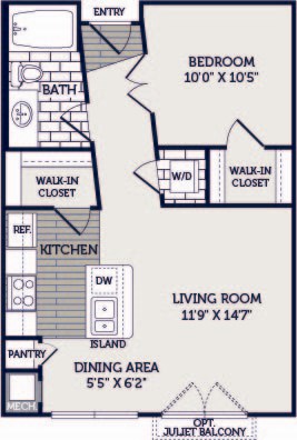 Floor plan for 1 bed, 1 bath, 634 sqft